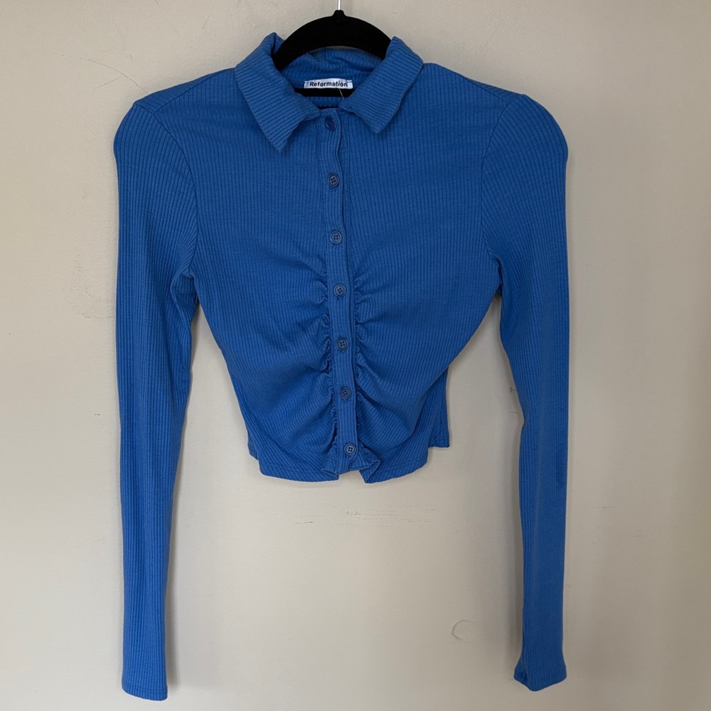 Reformation Blue Button-Up Ribbed Top